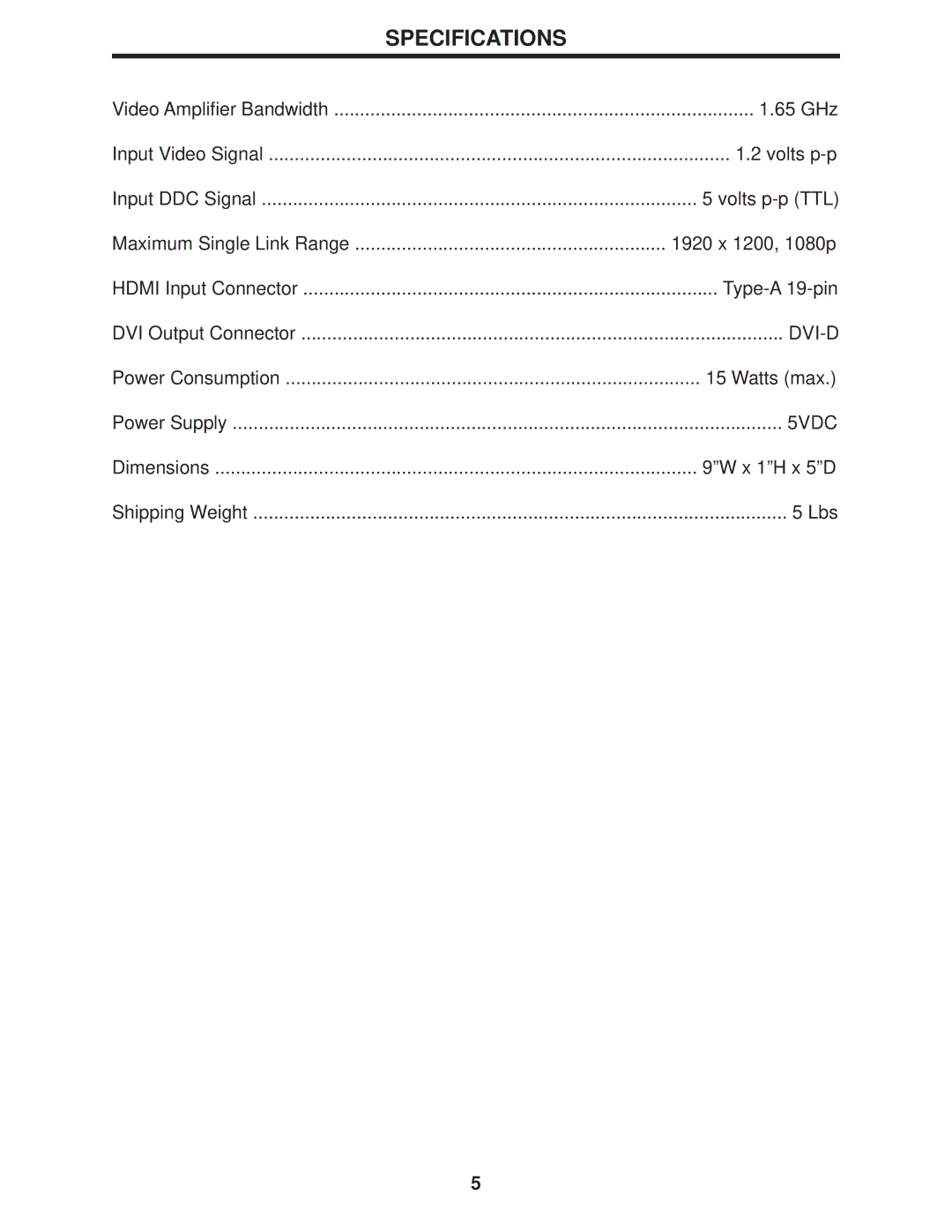 Gefen 1x4 user manual Specifications 