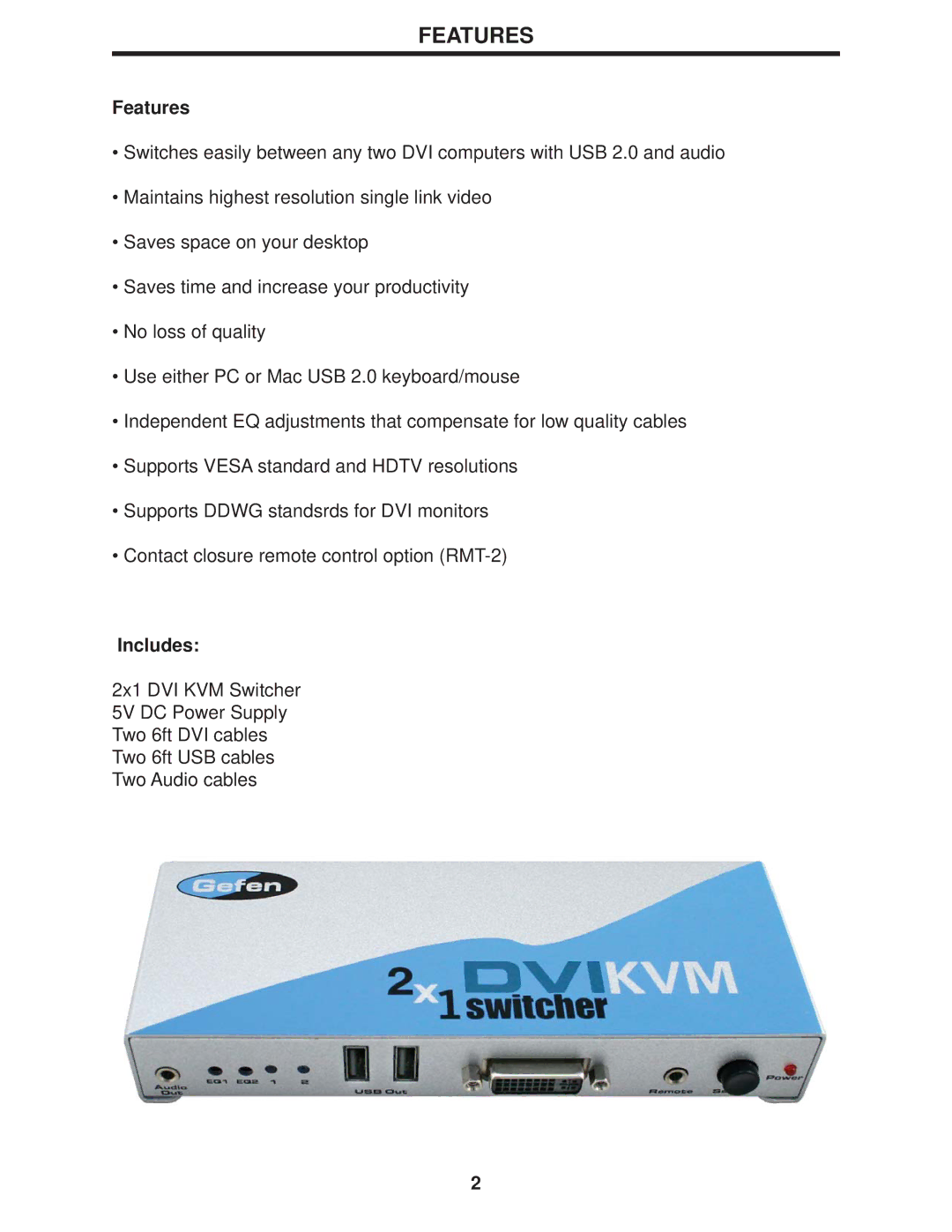 Gefen 2x1 DVI KVM Switcher user manual Features, Includes 