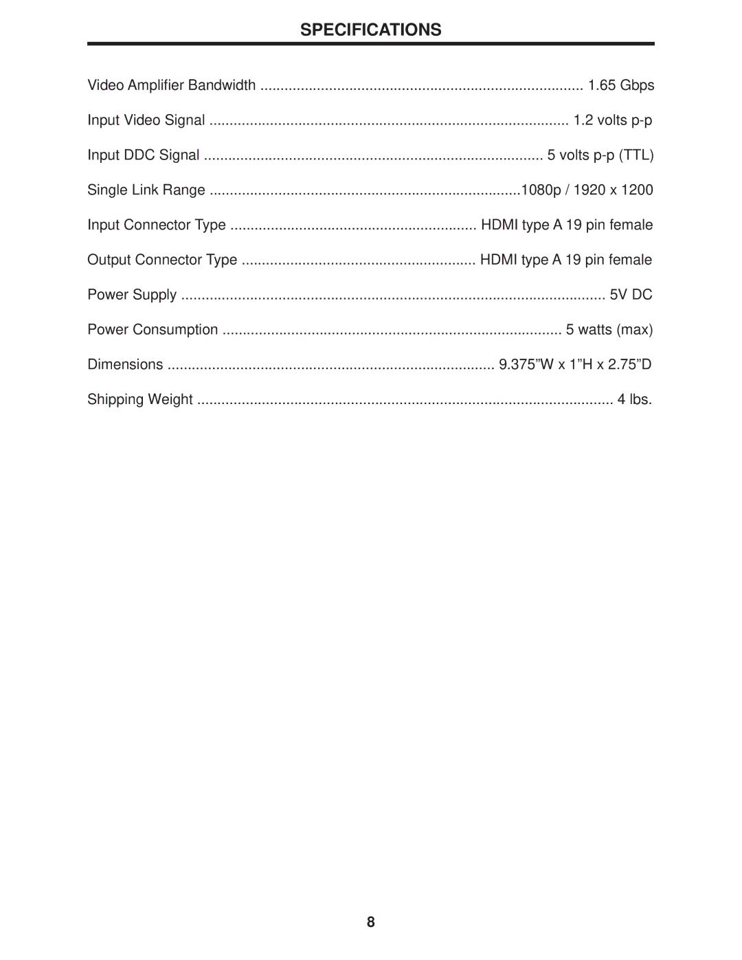 Gefen 3x1 HDMI Switcher user manual Specifications 