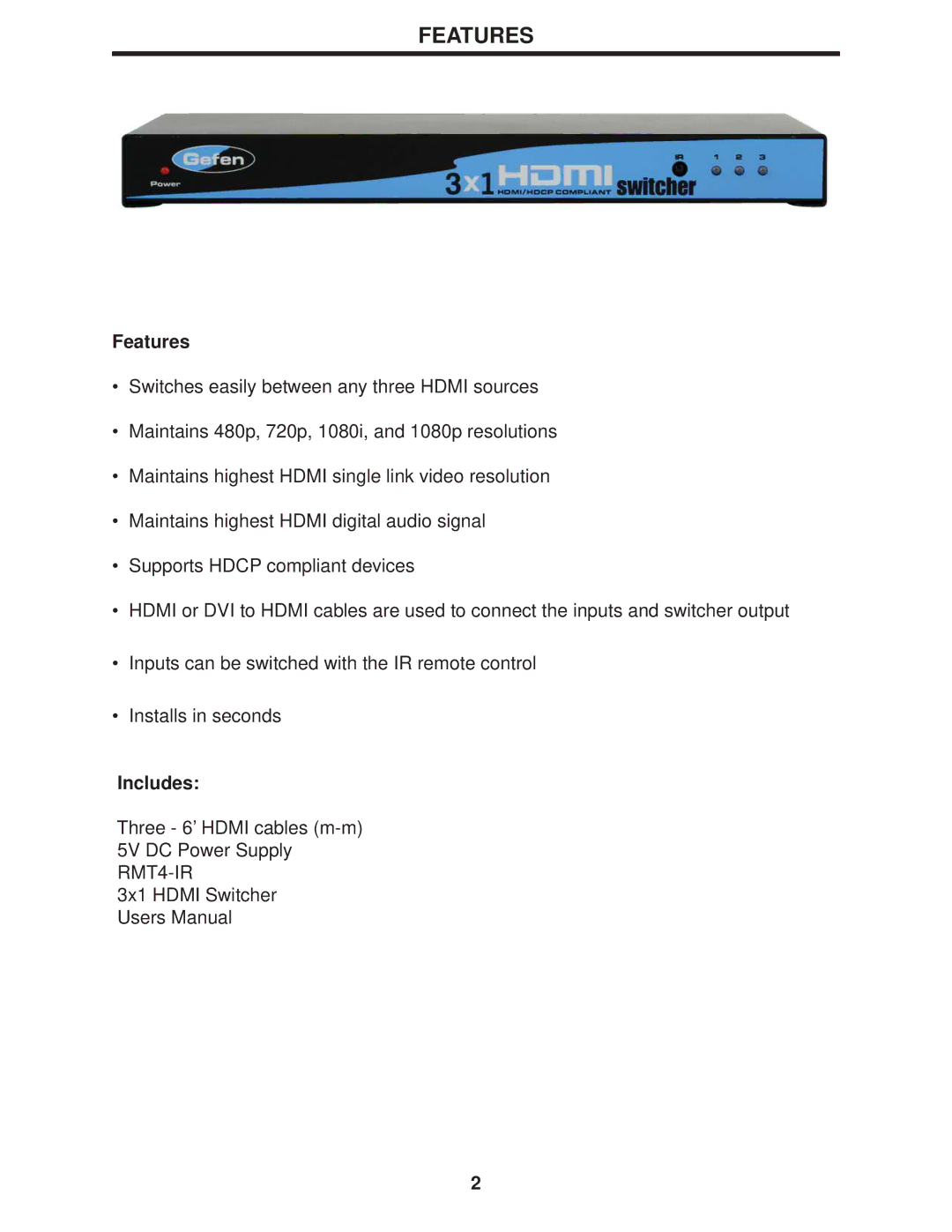 Gefen 3x1 HDMI Switcher user manual Features, Includes 