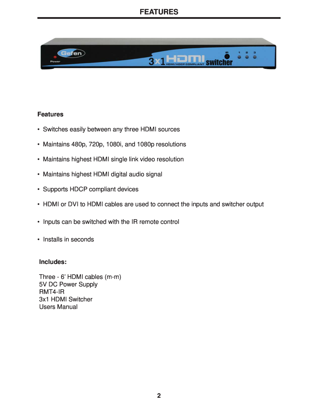Gefen 3x1 HDMI Switcher user manual Features, Includes 