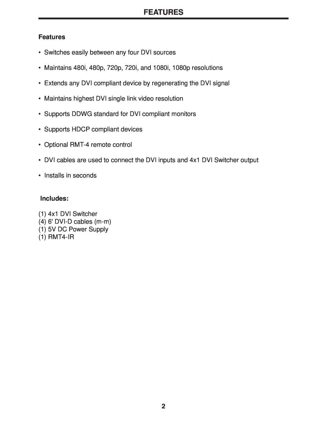 Gefen 4x1 DVI Switcher user manual Features, Includes 