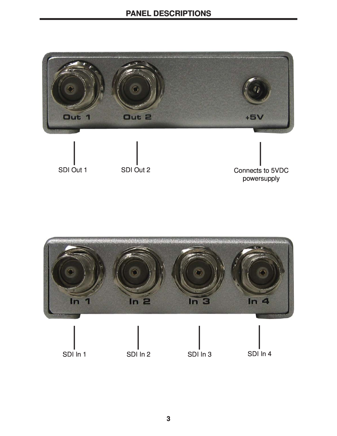 Gefen 4x2 HD-SDI user manual Panel Descriptions, SDI Out, Connects to 5VDC, powersupply, SDI In 