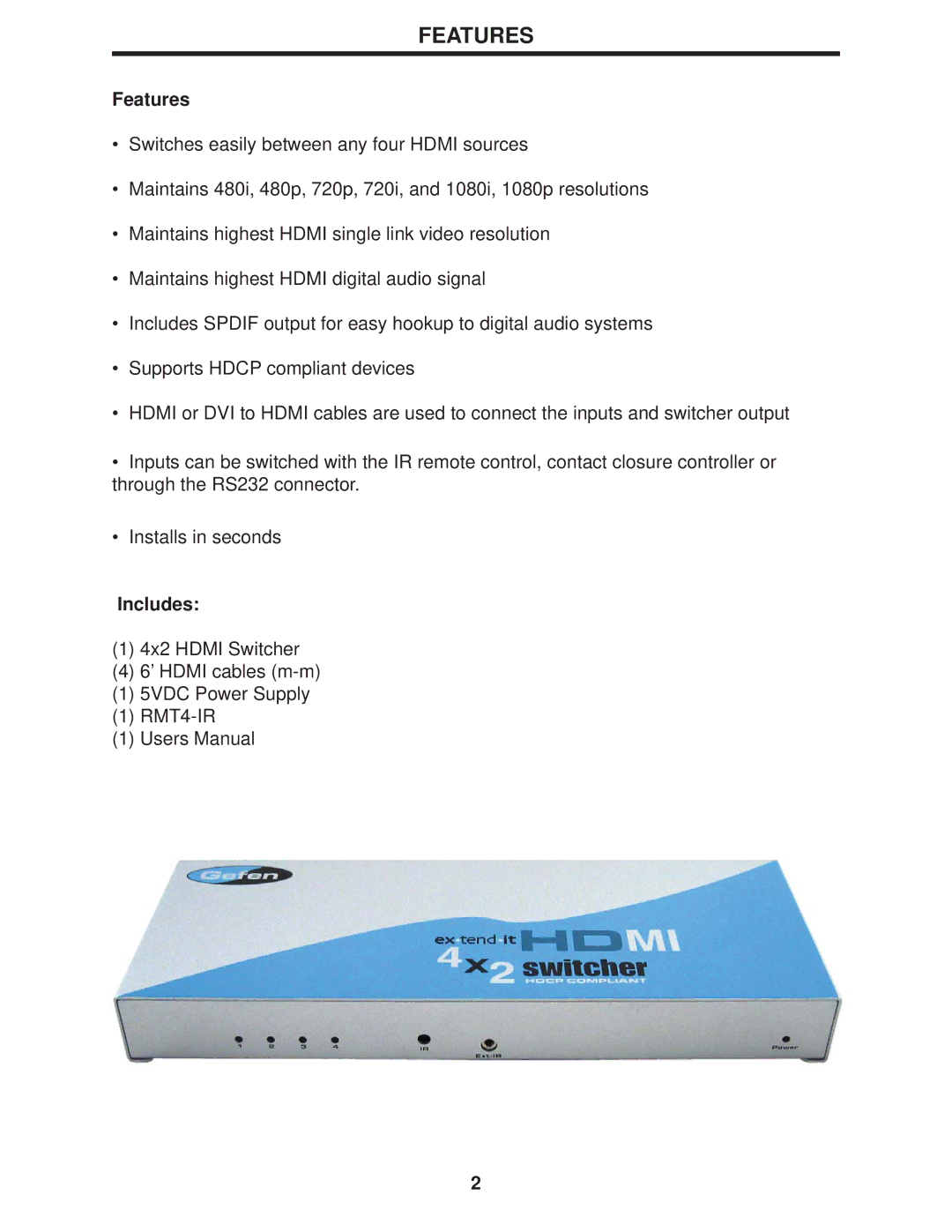 Gefen 4x2 HDMI user manual Features, Includes 