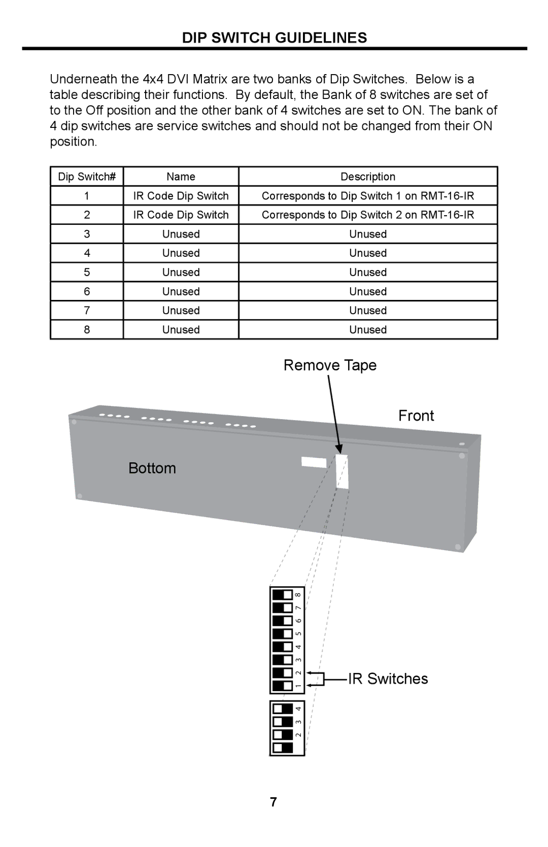 Gefen 4x4 DVI Matrix user manual DIP Switch Guidelines 