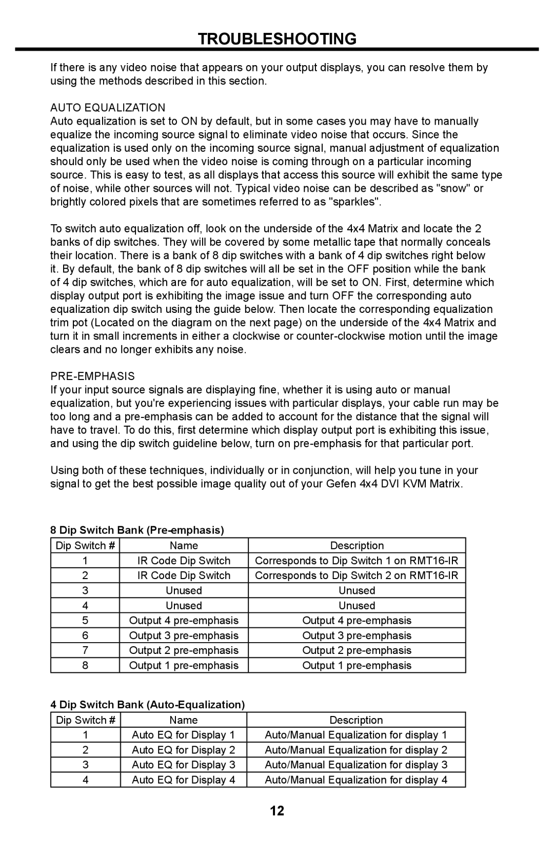 Gefen 4x4 DVI Matrix user manual Troubleshooting, Auto Equalization 