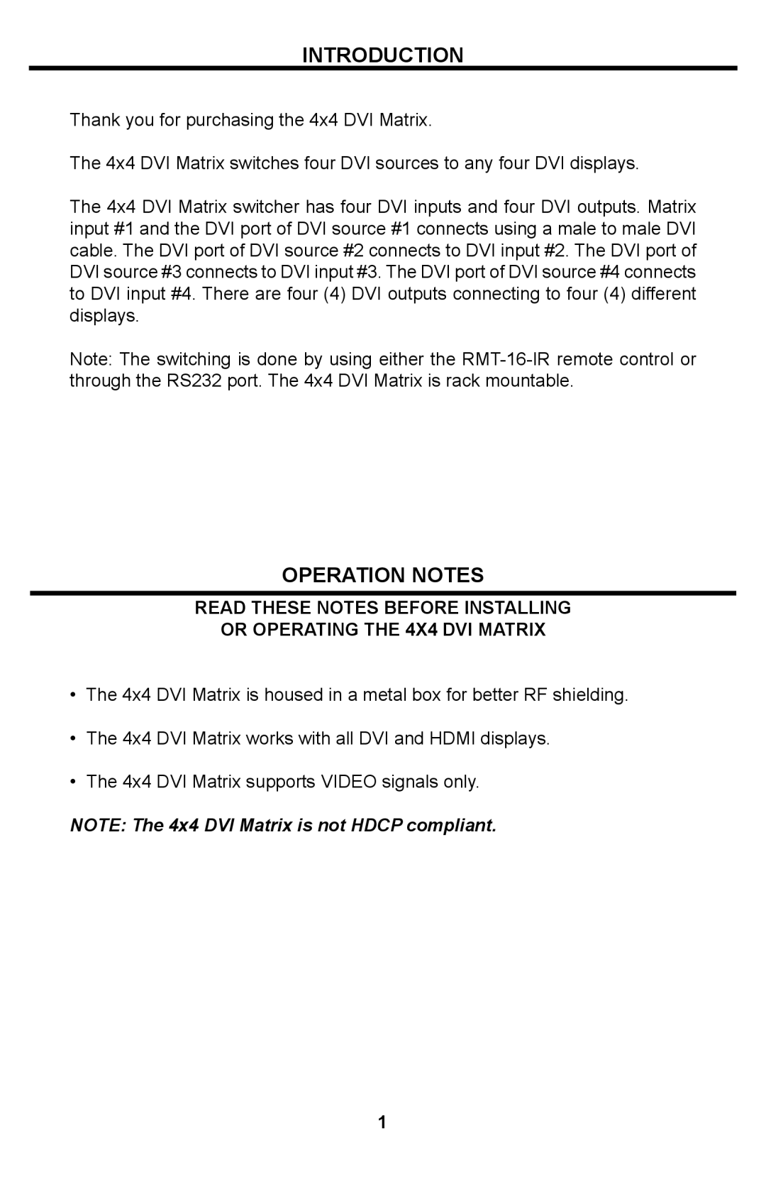 Gefen user manual Introduction, Operation Notes, Or Operating the 4x4 DVI Matrix 