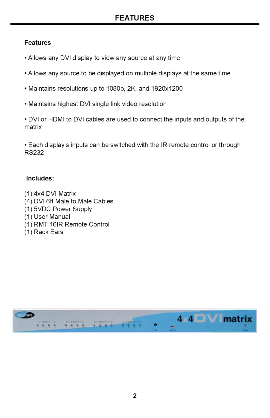 Gefen 4x4 DVI Matrix user manual Features, Includes 