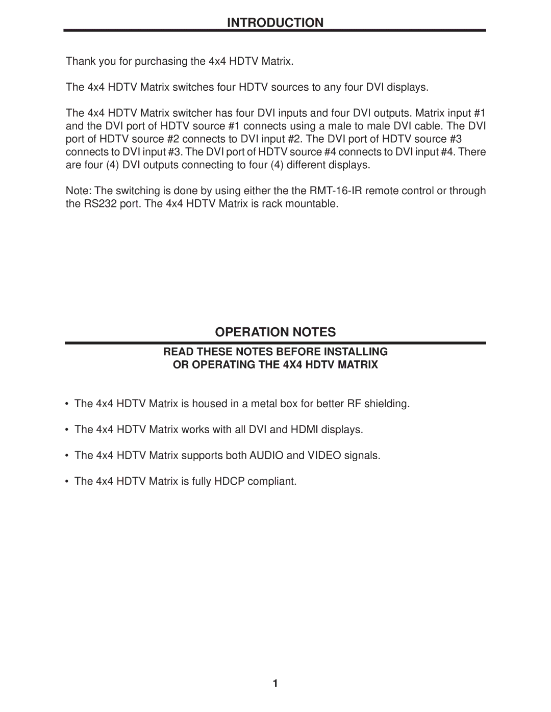 Gefen 4x4 HDTV Matrix user manual Introduction, Operation Notes 