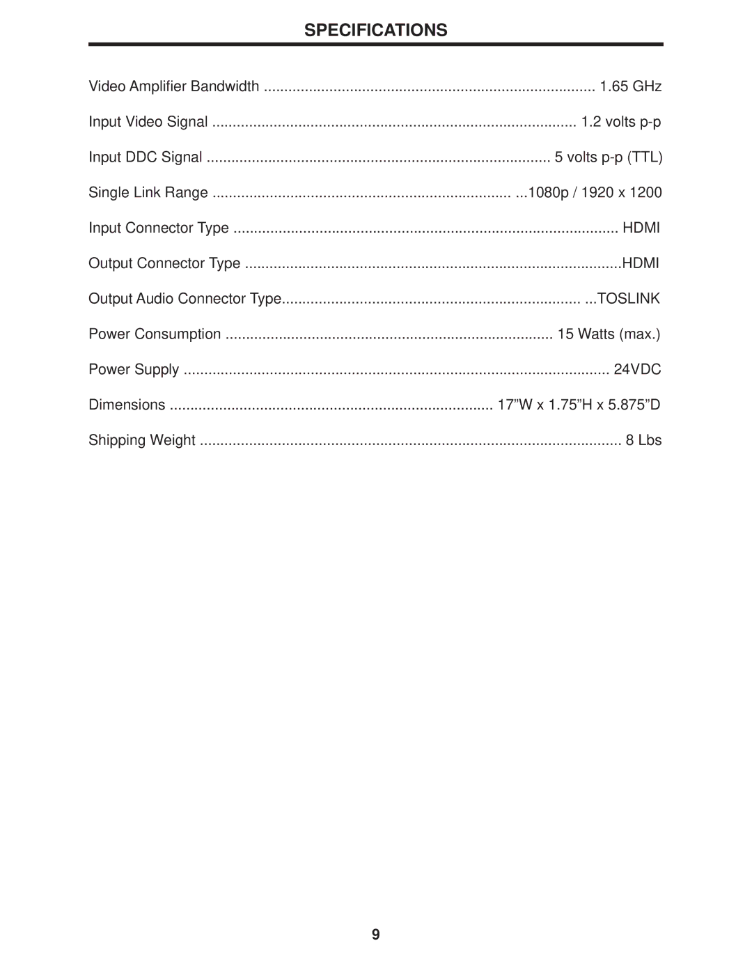 Gefen 6x2 HDMI user manual Specifications 