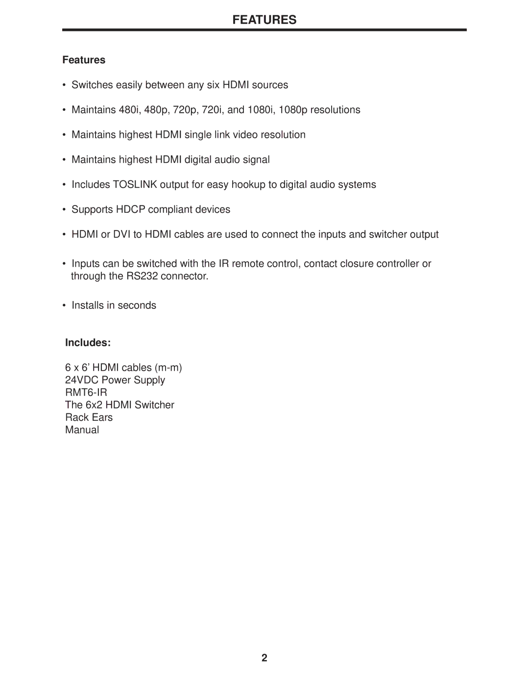 Gefen 6x2 HDMI user manual Features, Includes 