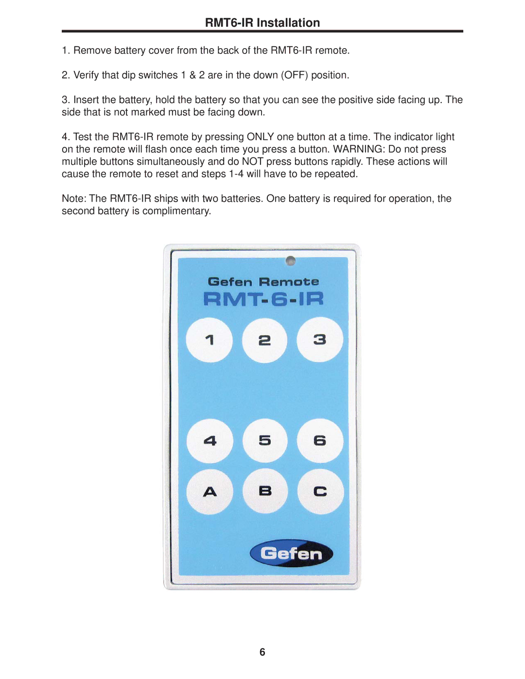 Gefen 6x2 HDMI user manual RMT6-IR Installation 