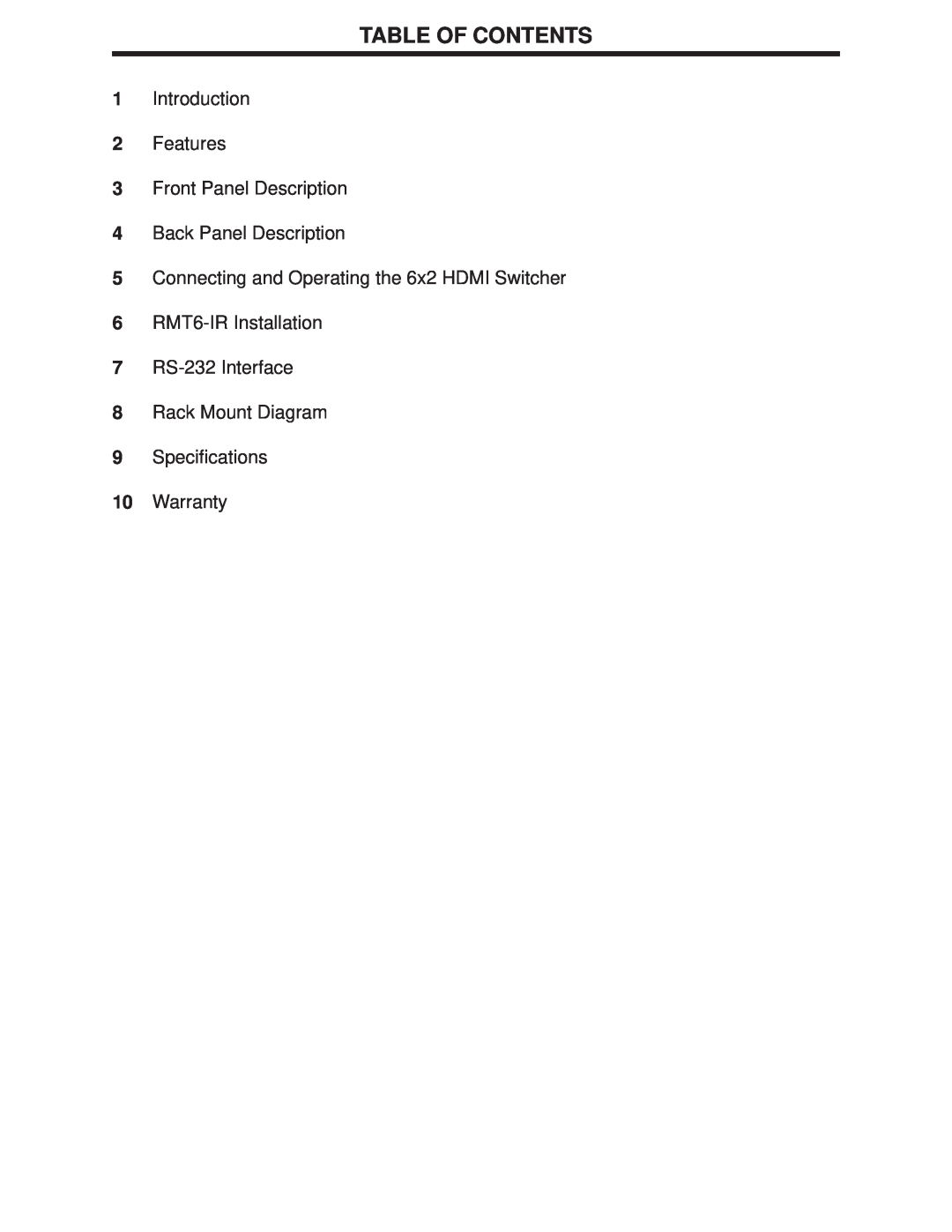 Gefen 6x2 HDMI user manual Table Of Contents, Introduction 2 Features 3 Front Panel Description, Back Panel Description 