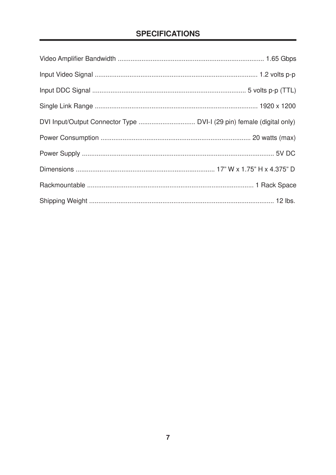 Gefen 8x1 DVI user manual Specifications 