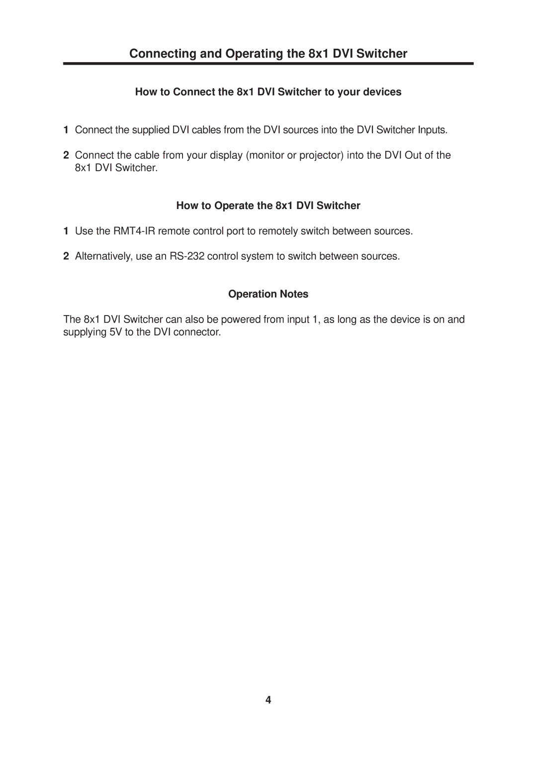 Gefen user manual Connecting and Operating the 8x1 DVI Switcher, How to Connect the 8x1 DVI Switcher to your devices 