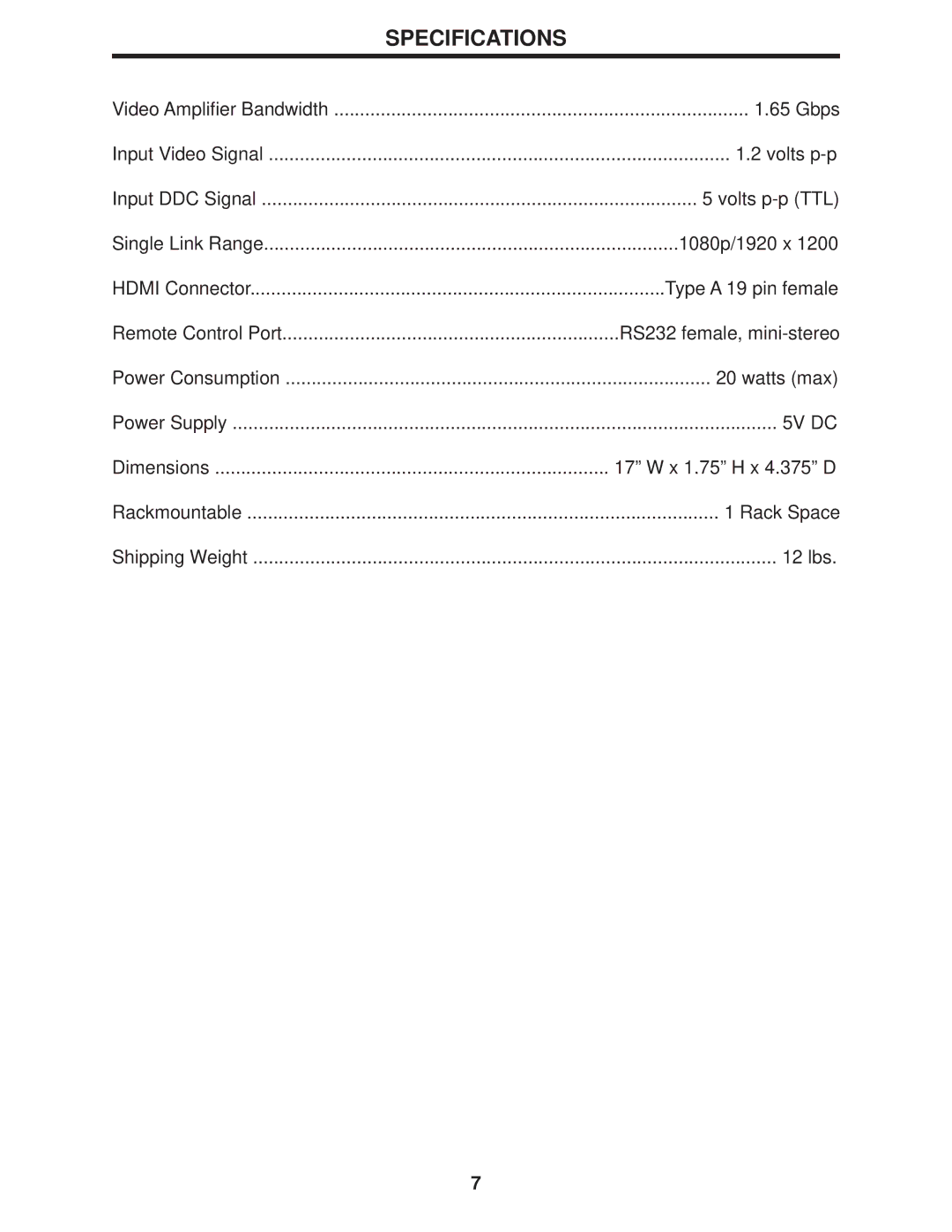 Gefen 8x1 user manual Specifications 