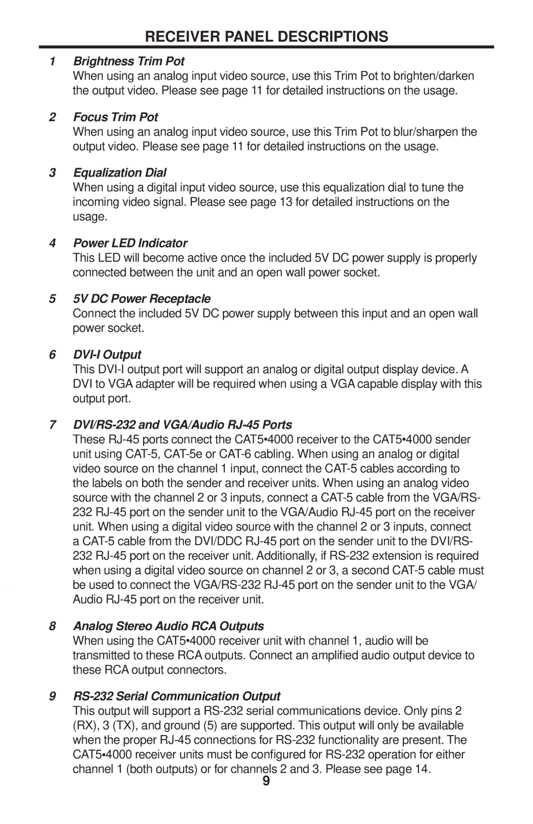 Gefen CAT-5 4000 user manual Receiver Panel Descriptions, Brightness Trim Pot 