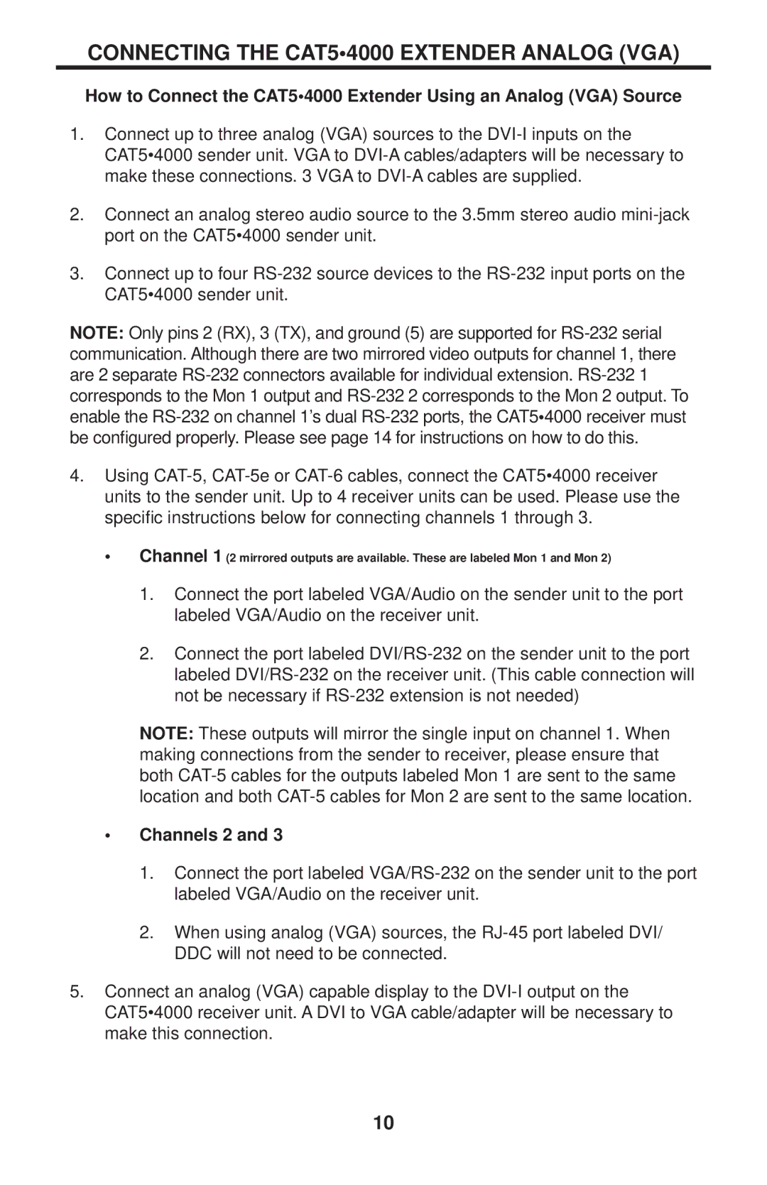 Gefen CAT-5 4000 user manual Connecting the CAT54000 Extender Analog VGA, Channels 2 