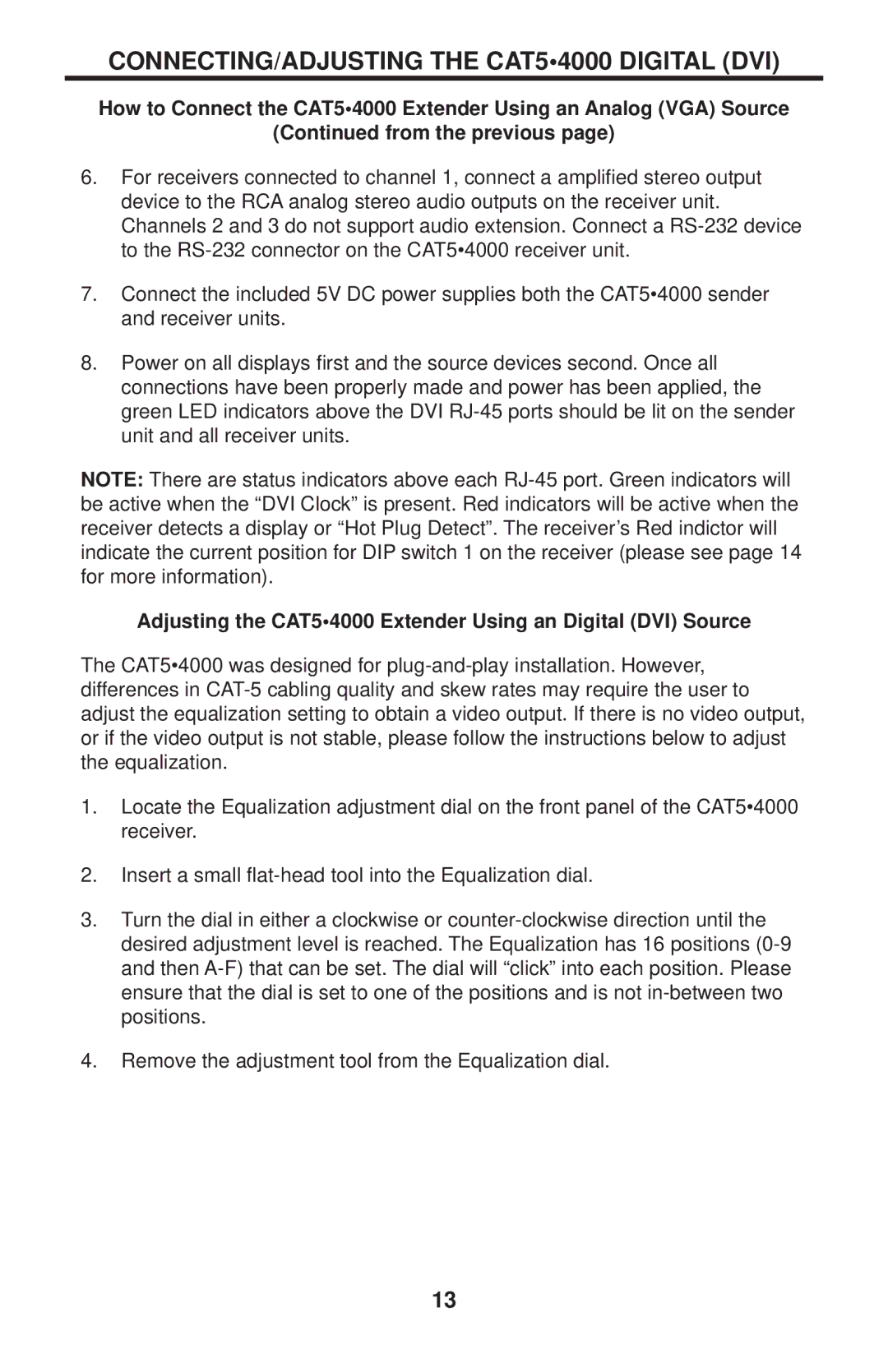 Gefen CAT-5 4000 user manual CONNECTING/ADJUSTING the CAT54000 Digital DVI 