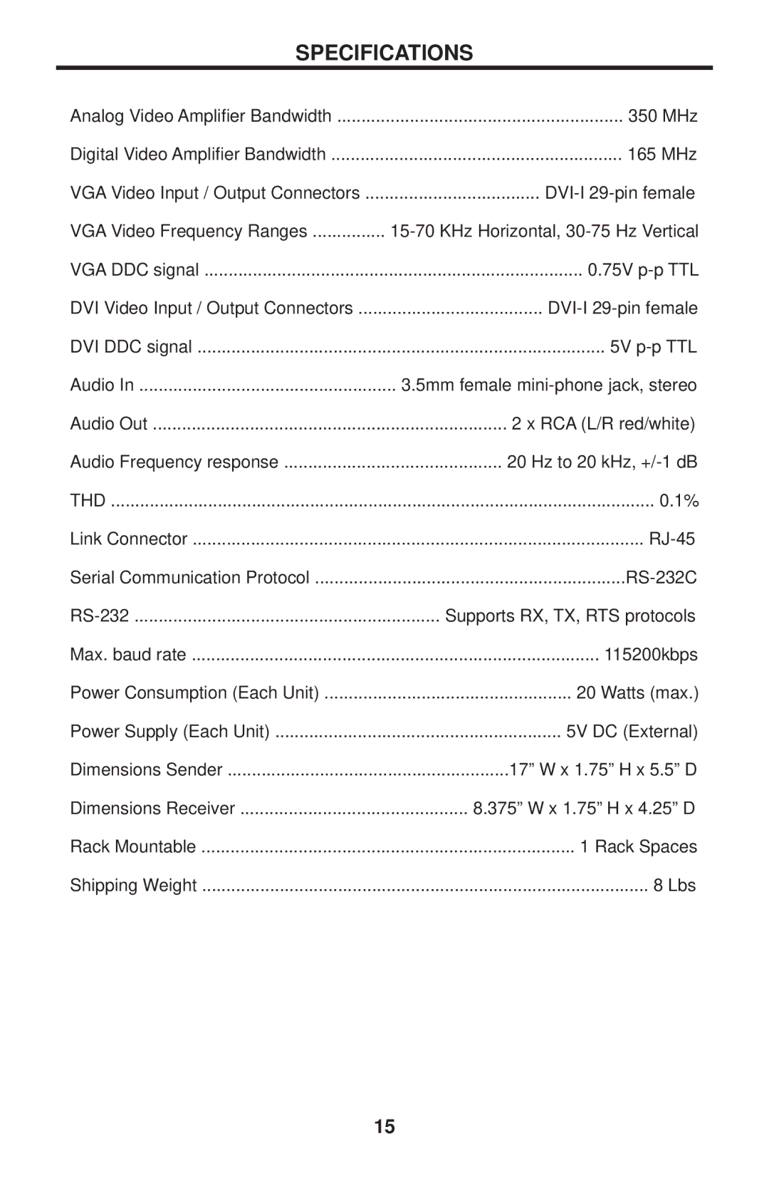 Gefen CAT-5 4000 user manual Specifications 