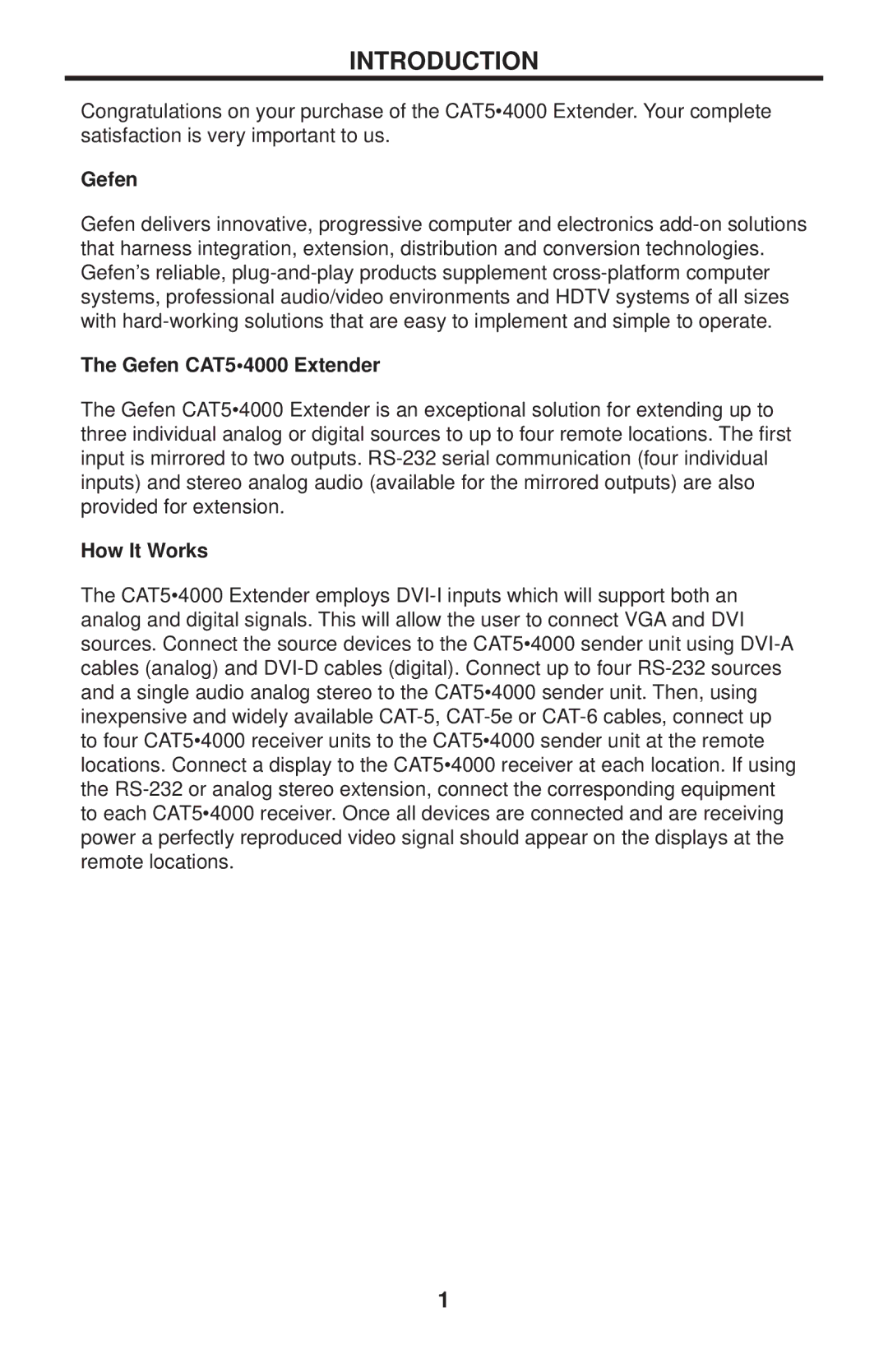 Gefen CAT-5 4000 user manual Introduction, Gefen CAT54000 Extender, How It Works 