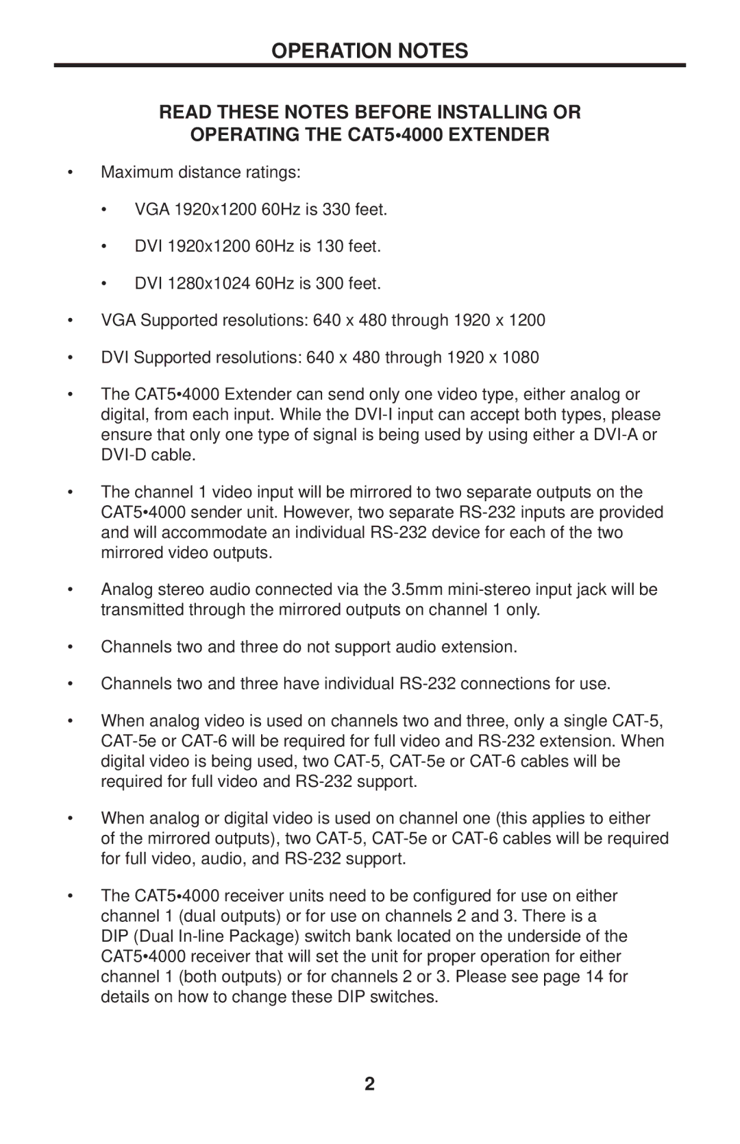 Gefen CAT-5 4000 user manual Operation Notes 