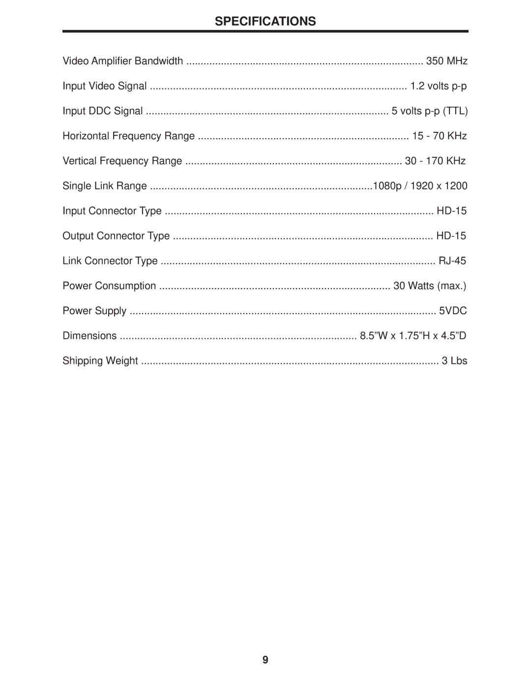 Gefen CAT-5 DA user manual Specifications 