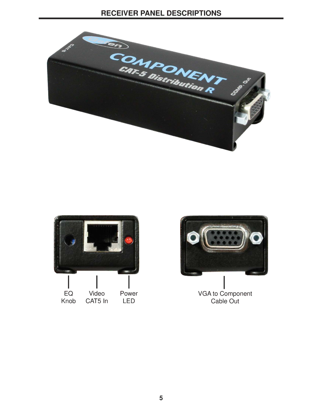 Gefen CAT-5 DA user manual Receiver Panel Descriptions 