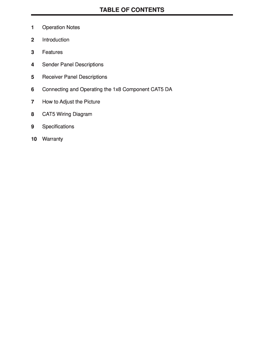 Gefen CAT-5 DA user manual Table Of Contents, 1Operation Notes 2Introduction 3Features, 4Sender Panel Descriptions 