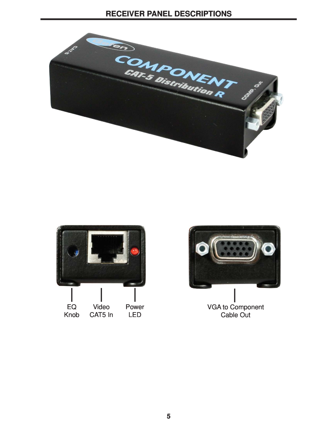 Gefen CAT-5 DA user manual Receiver Panel Descriptions, Power, VGA to Component, Knob, CAT5 In, Cable Out, Video 