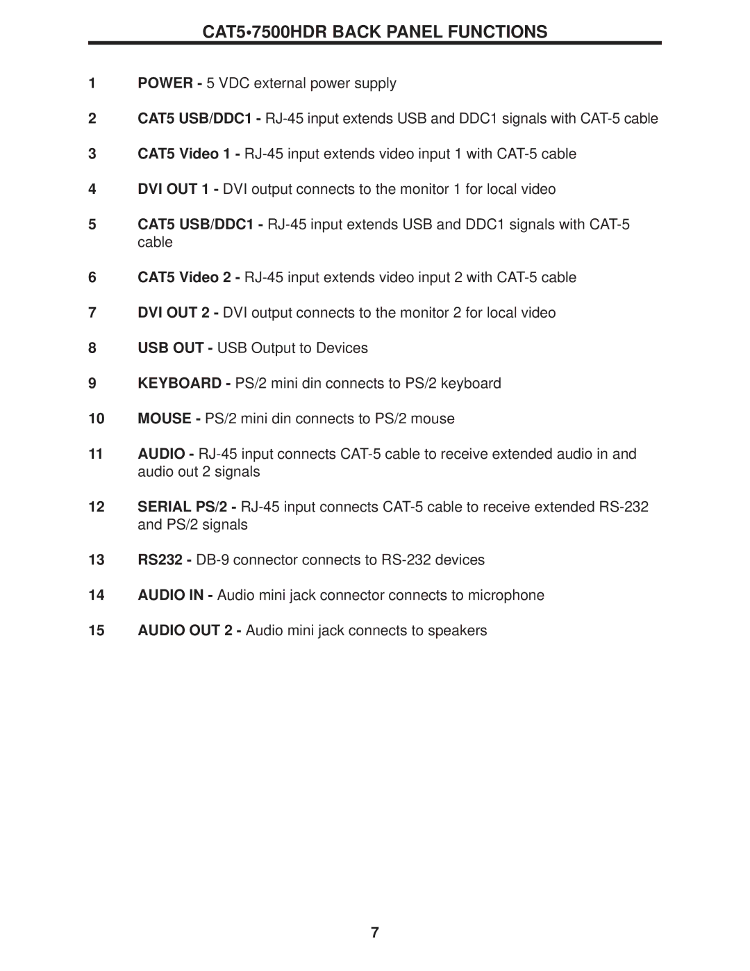 Gefen user manual CAT57500HDR Back Panel Functions 