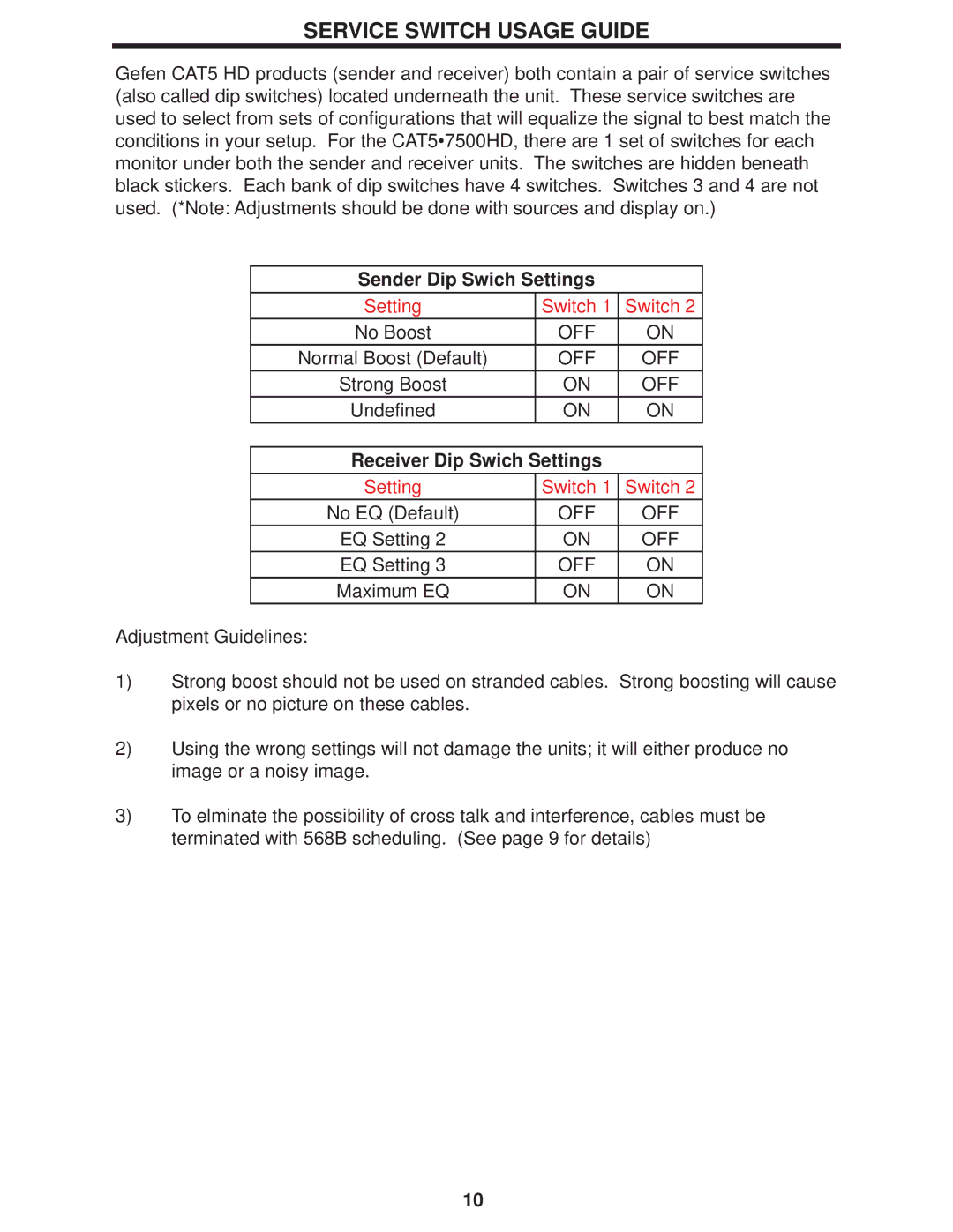 Gefen CAT5 user manual Service Switch Usage Guide, Receiver Dip Swich Settings 