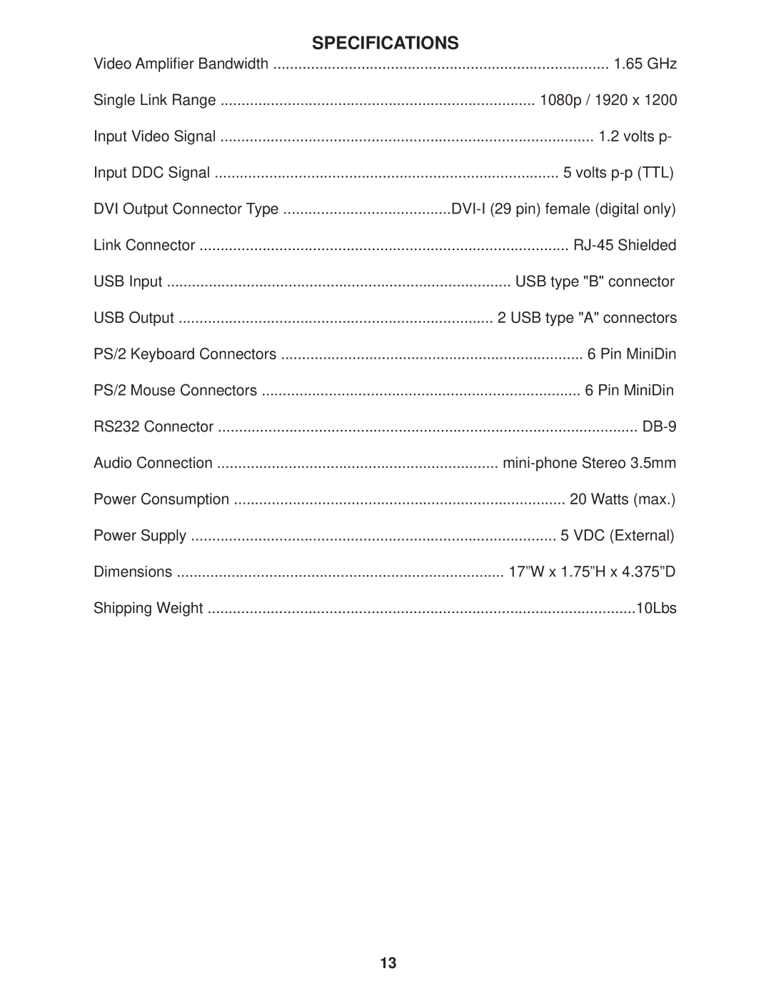 Gefen CAT5 user manual Specifications 