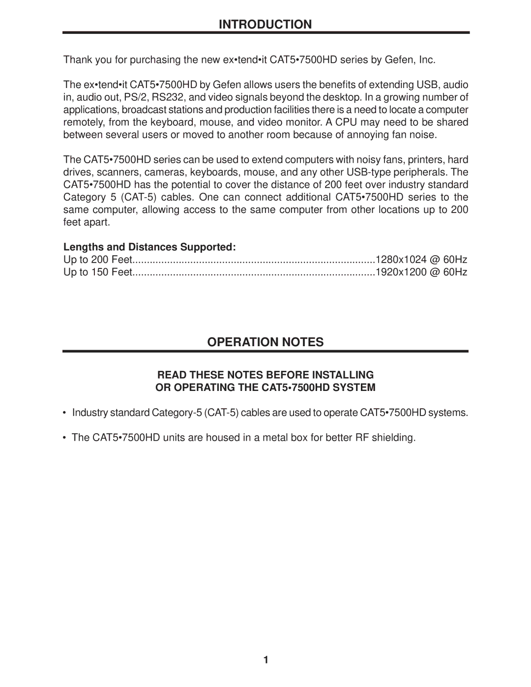 Gefen CAT5 user manual Introduction, Operation Notes 