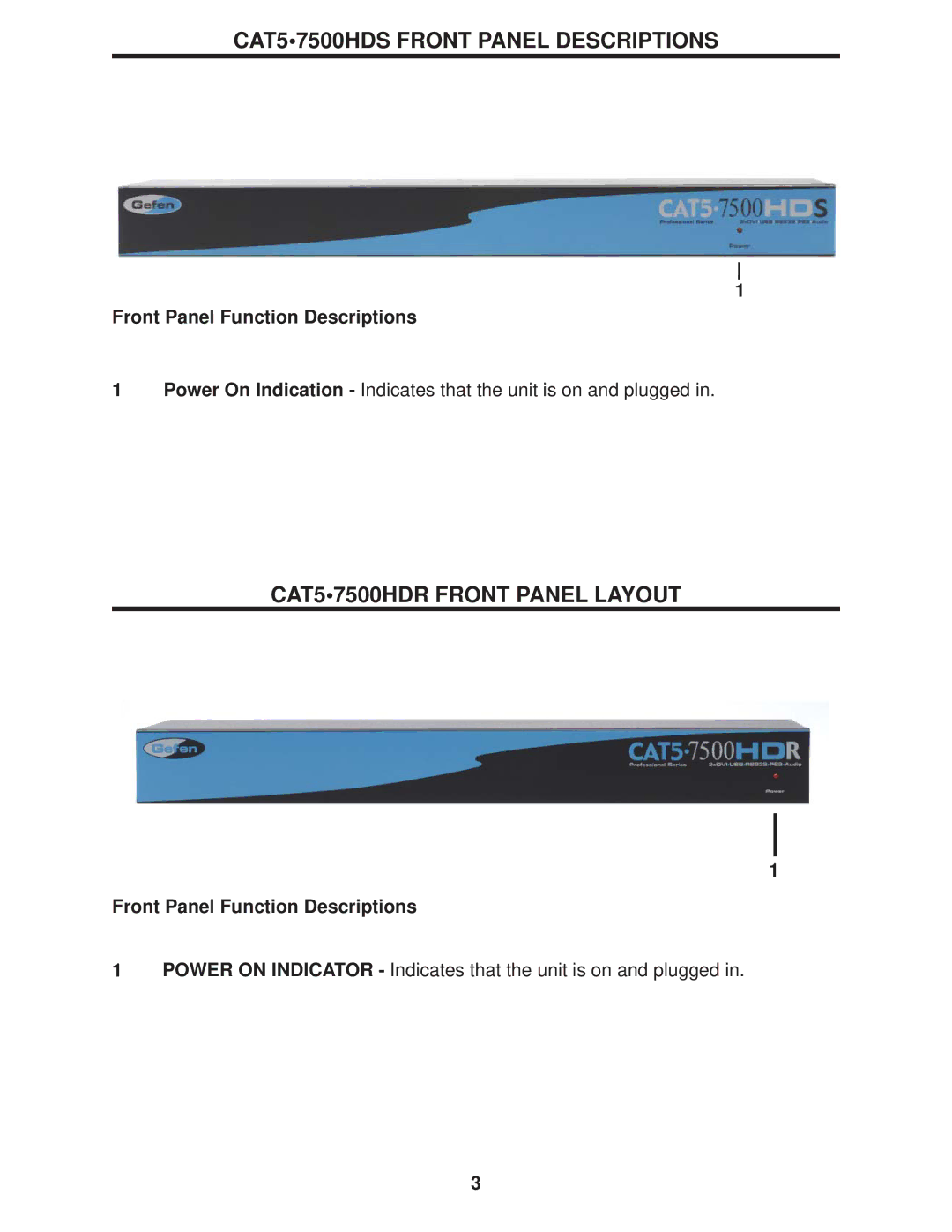 Gefen user manual CAT57500HDS Front Panel Descriptions, CAT57500HDR Front Panel Layout 