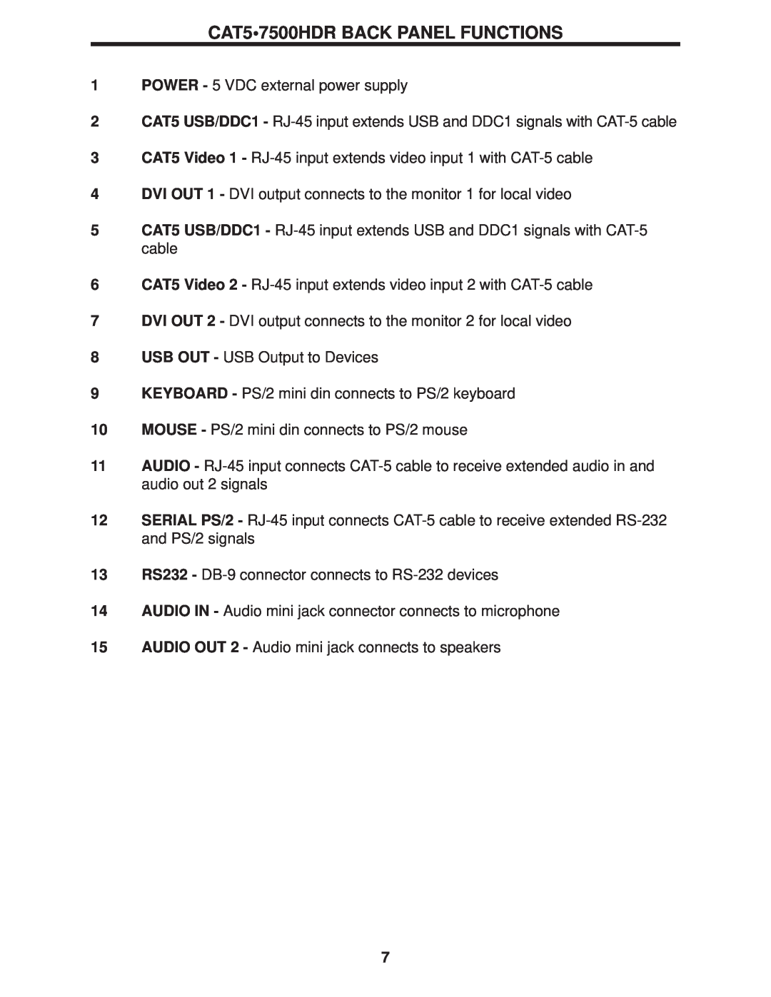 Gefen user manual CAT57500HDR BACK PANEL FUNCTIONS 