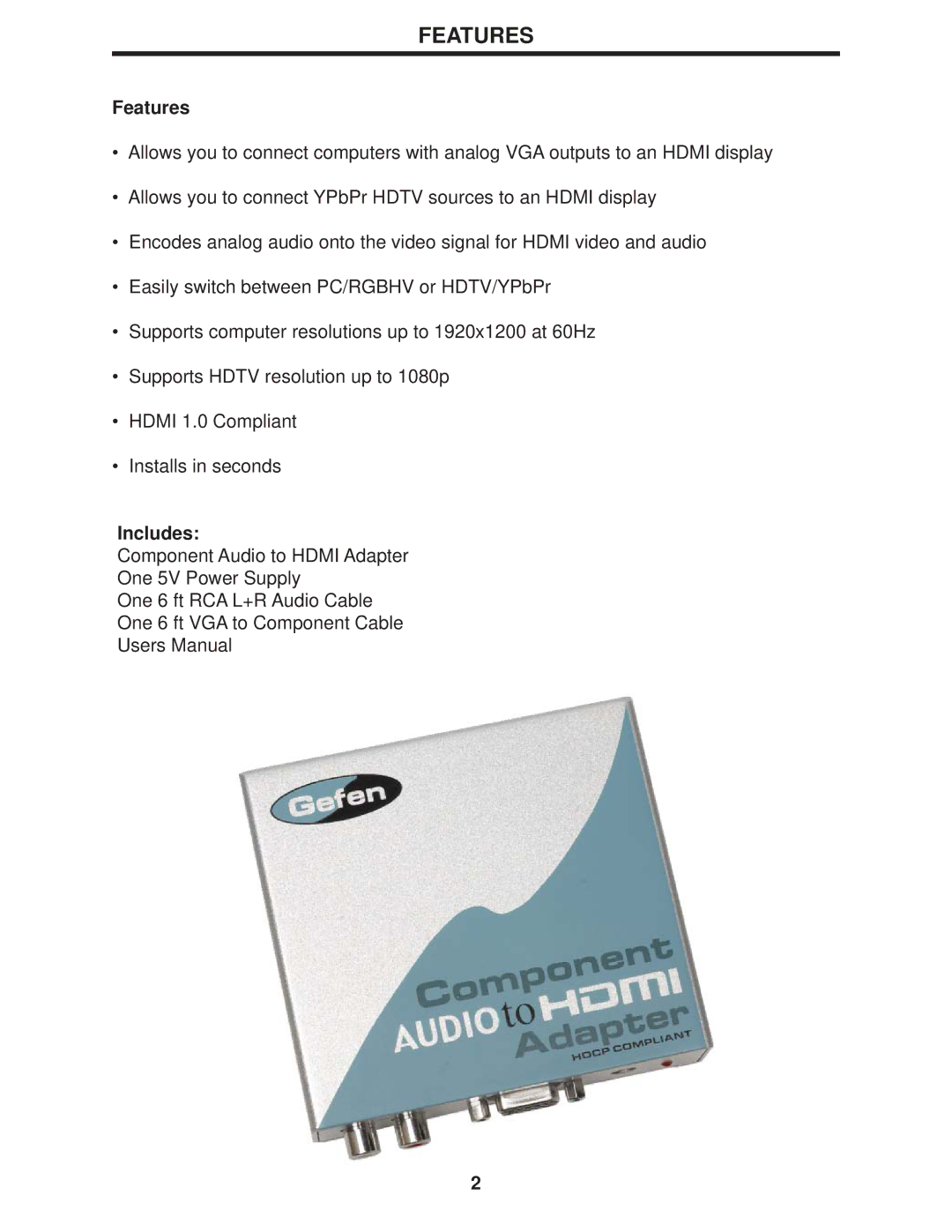 Gefen Component Audio to HDMI Adapter user manual Features, Includes 