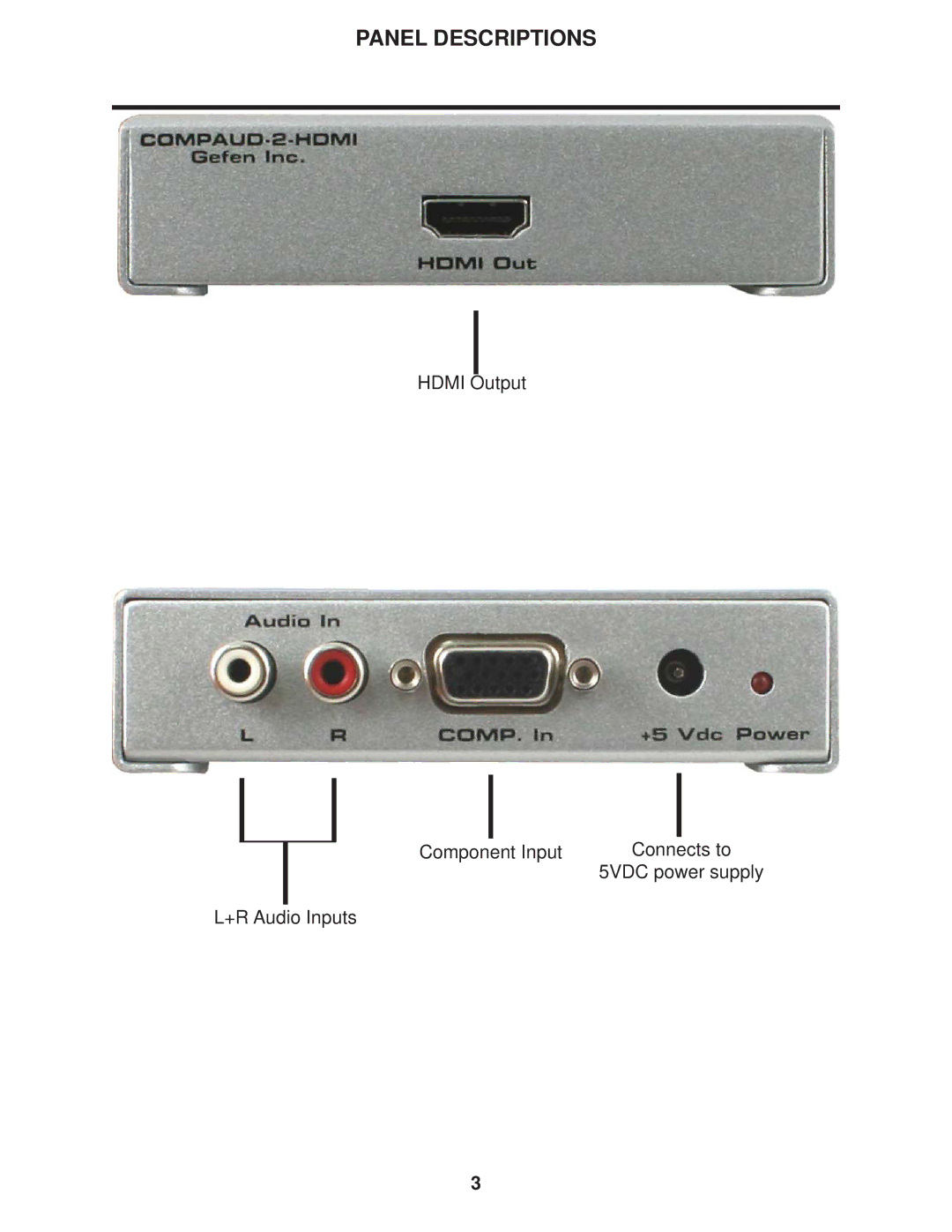 Gefen Component Audio to HDMI Adapter user manual Panel Descriptions 