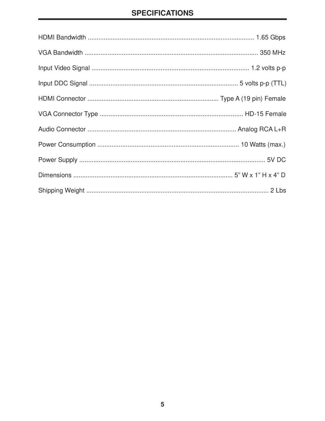 Gefen Component Audio to HDMI Adapter user manual Specifications 