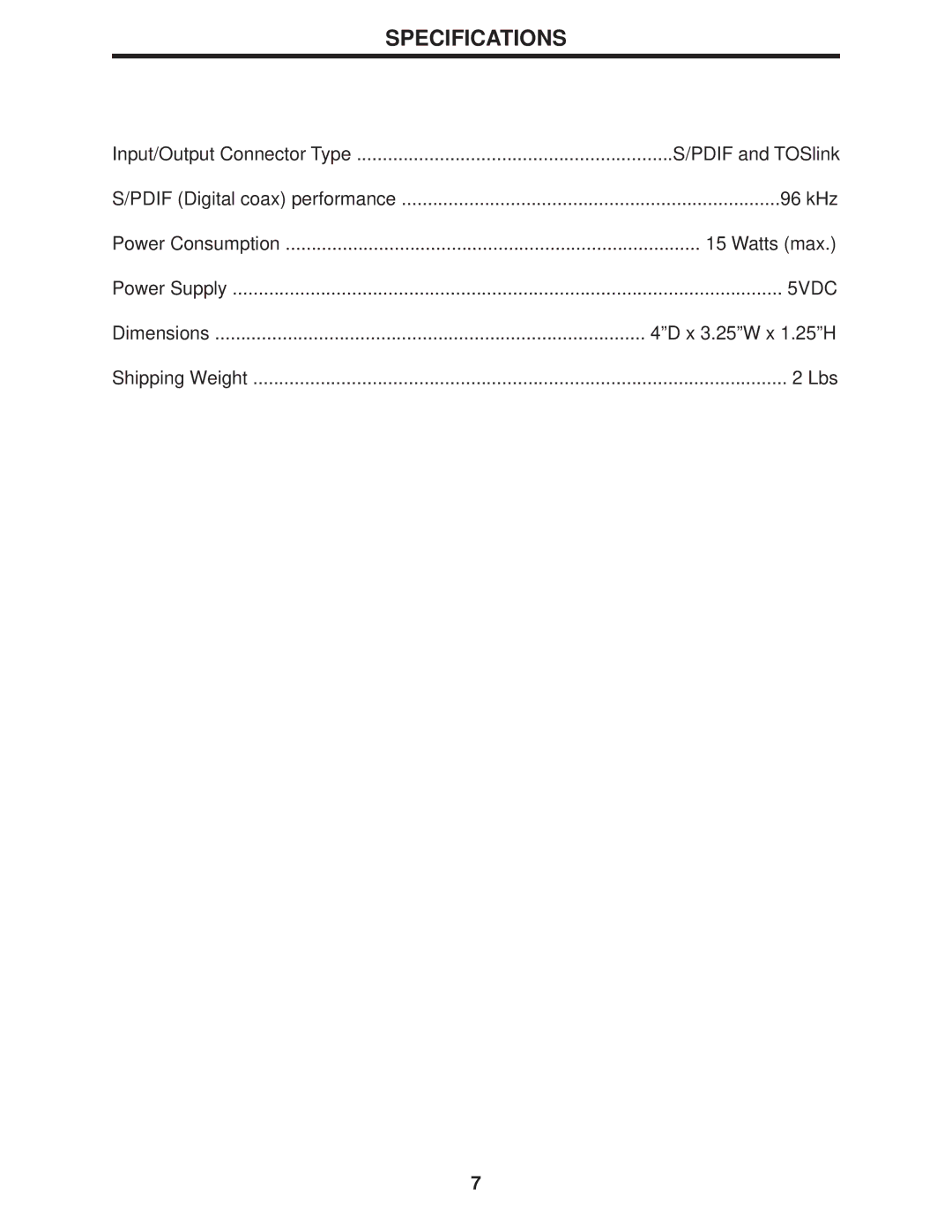 Gefen Digital Audio Switcher user manual Specifications 