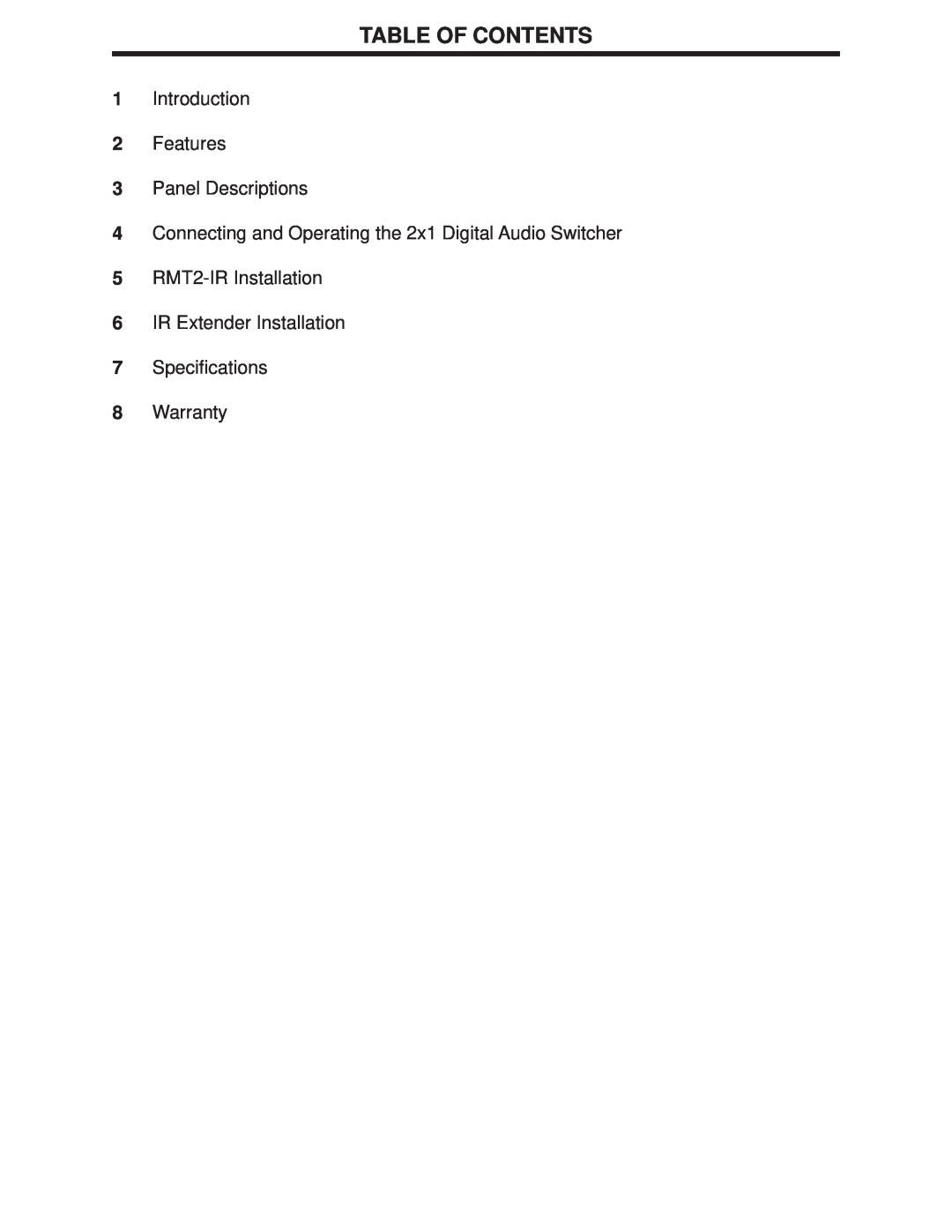 Gefen Digital Audio Switcher user manual Table Of Contents, Introduction 2 Features 3 Panel Descriptions, Warranty 