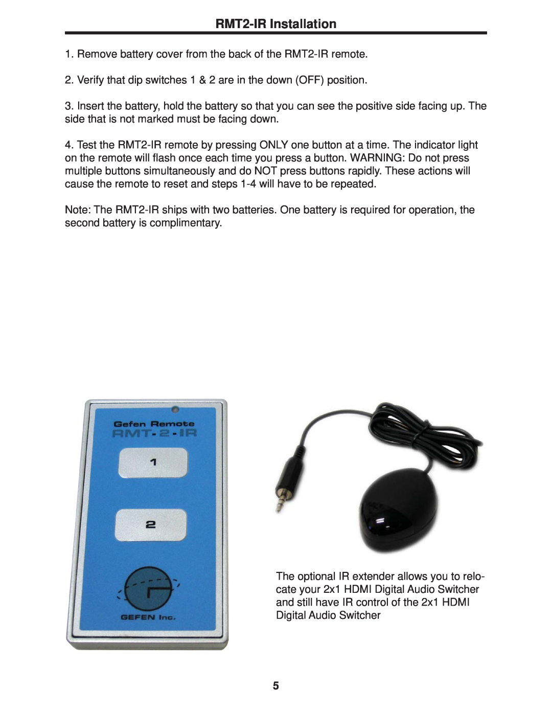 Gefen Digital Audio Switcher user manual RMT2-IR Installation 