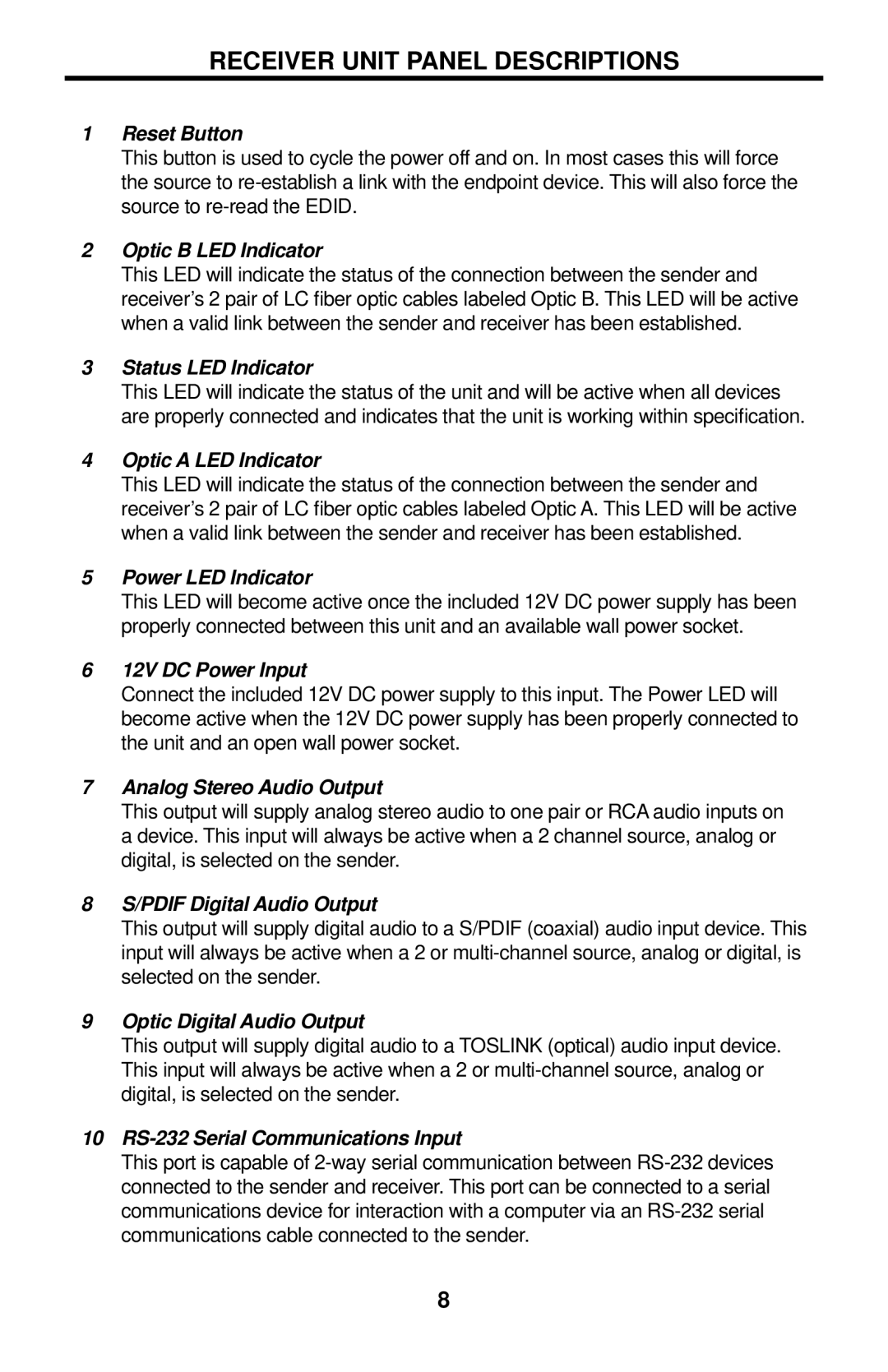 Gefen DVI 1600HD user manual Receiver Unit Panel Descriptions 