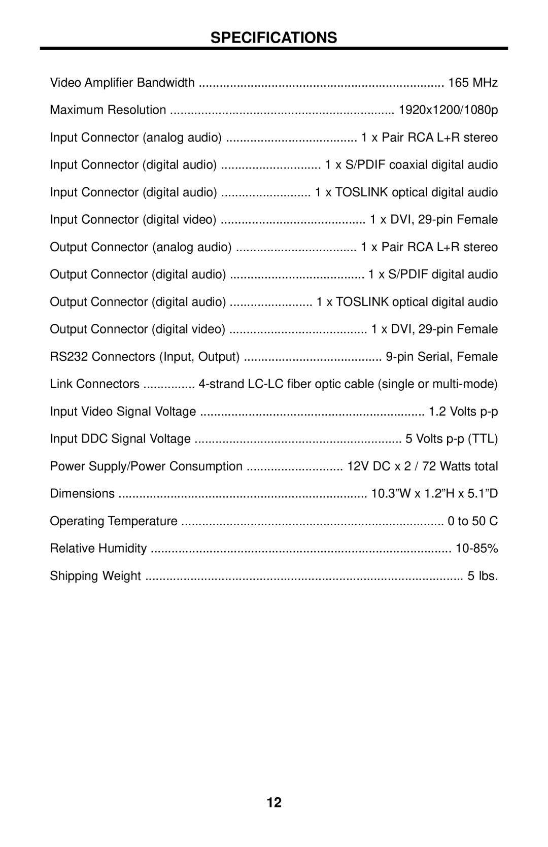 Gefen DVI 1600HD user manual Specifications 