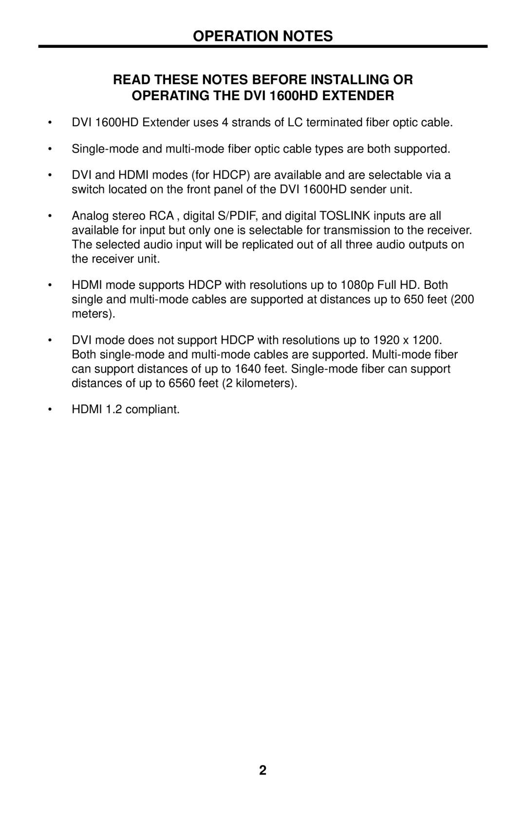 Gefen DVI 1600HD user manual Operation Notes 