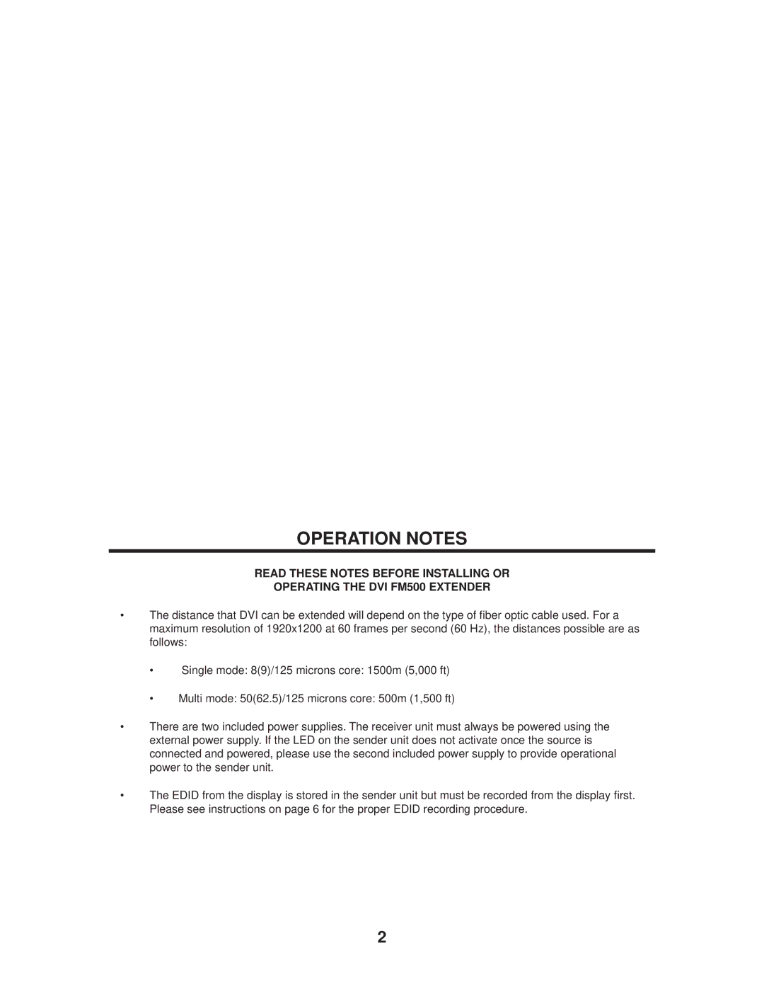 Gefen DVI FM500 user manual Operation Notes 