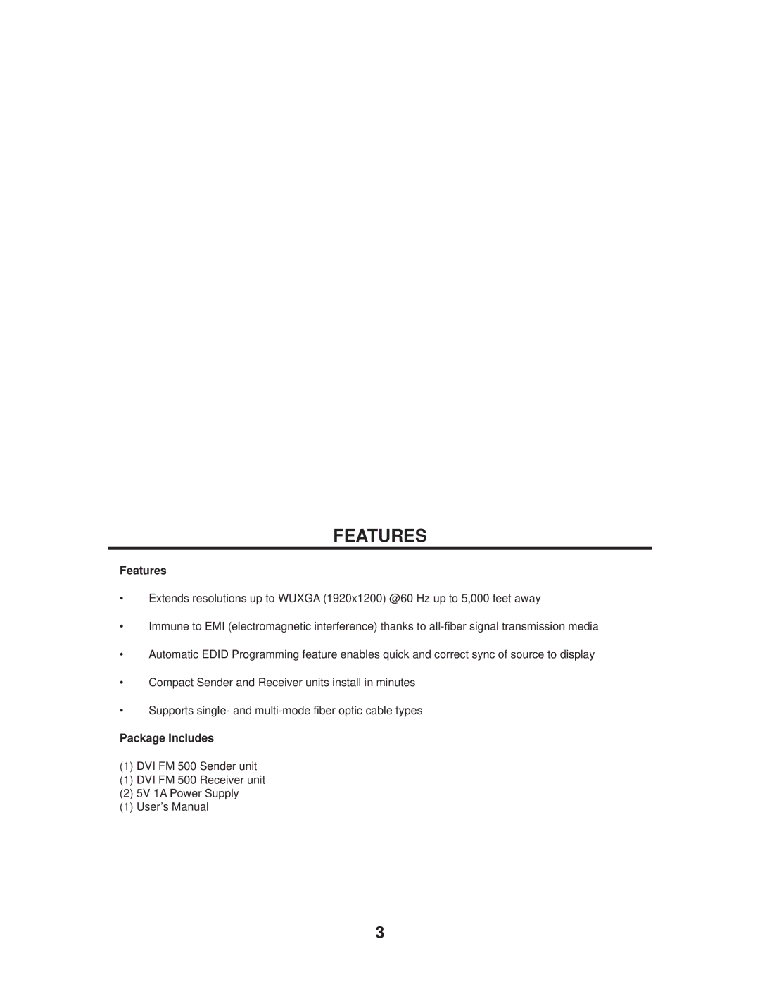 Gefen DVI FM500 user manual Features, Package Includes 