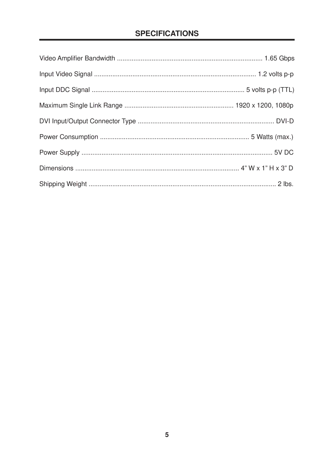 Gefen DVI Hub user manual Specifications 