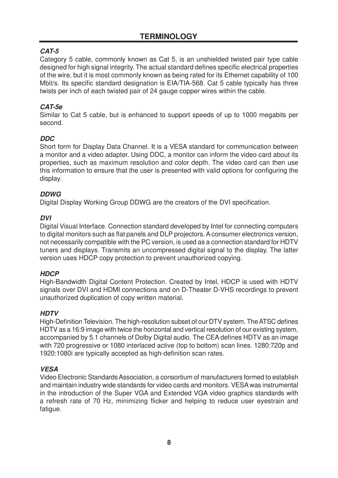 Gefen DVI user manual Terminology, CAT-5 