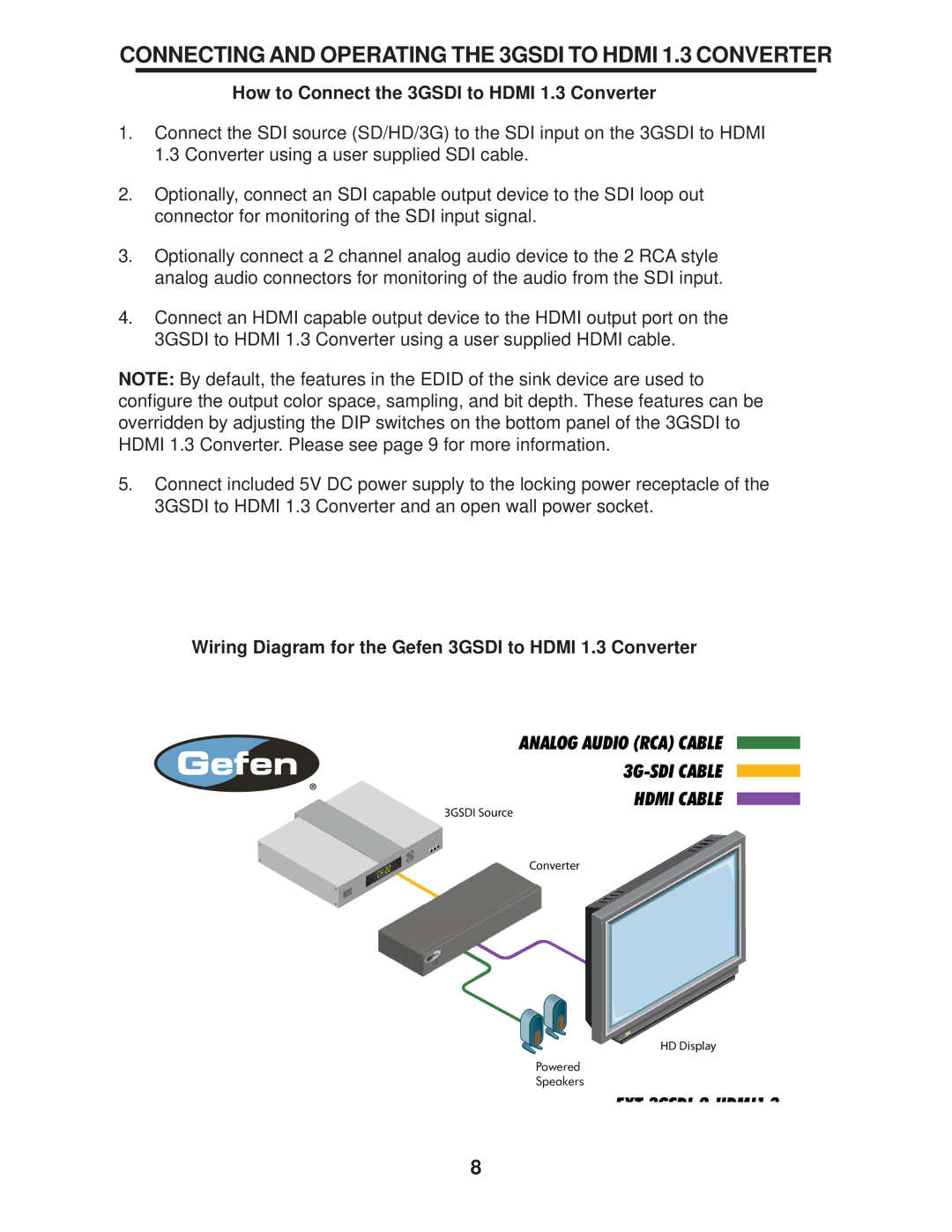 Gefen EXT-3GSDI-2-HDMI1.3 user manual Connecting and Operating the 3GSDI to Hdmi 1.3 Converter 